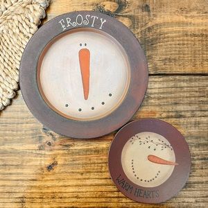 Pair of Rustic Snowman Wooden Decorative Plates